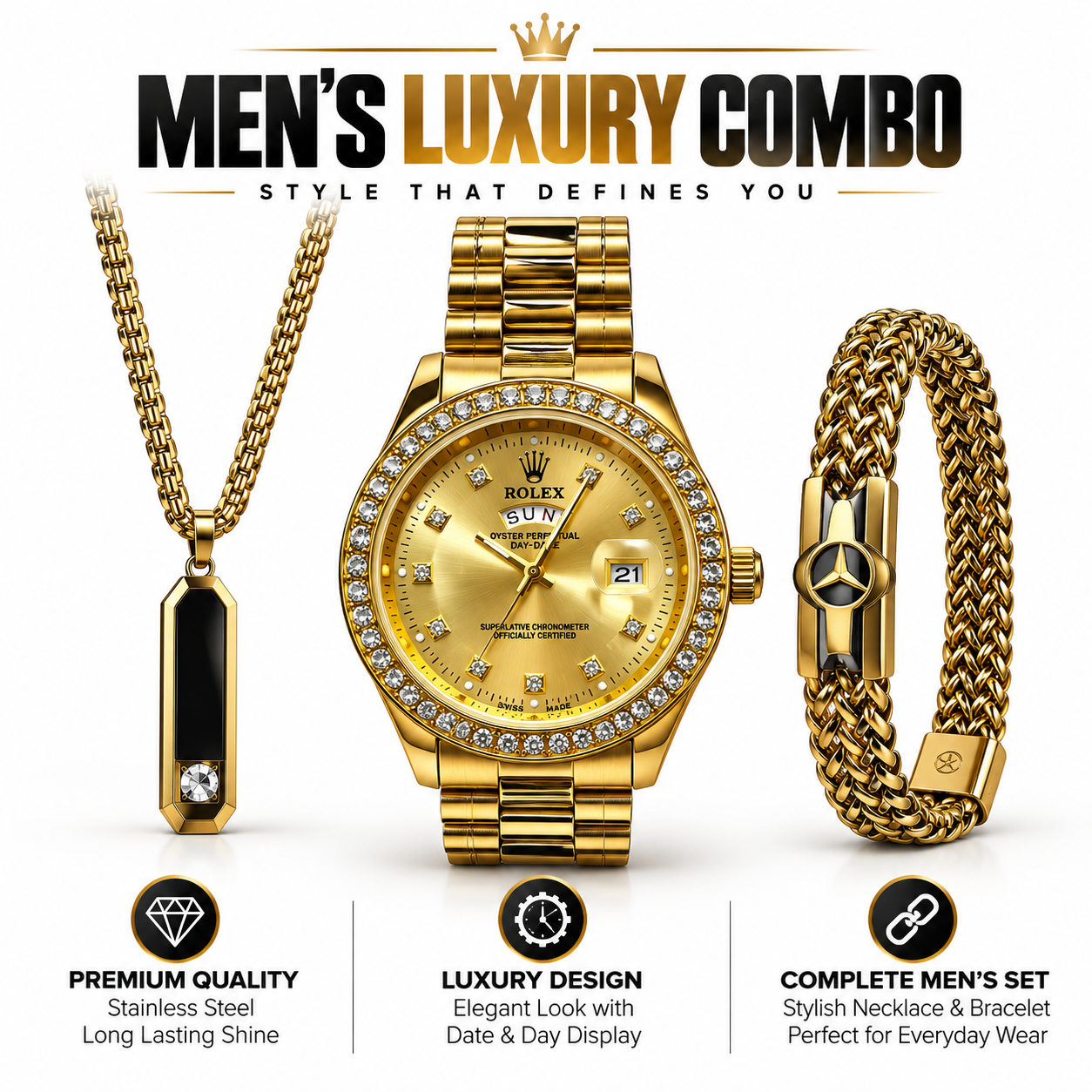 Men's Luxury 3-in-1 Combo Set - Watch, Chain & Bracelet