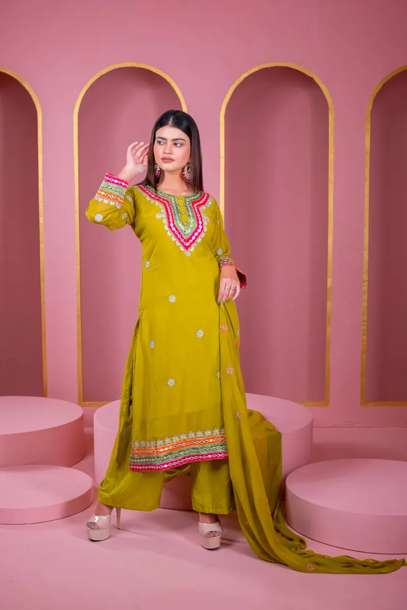Georgette Three Piece with Dollar and Embroidery Work, 6 Colours
