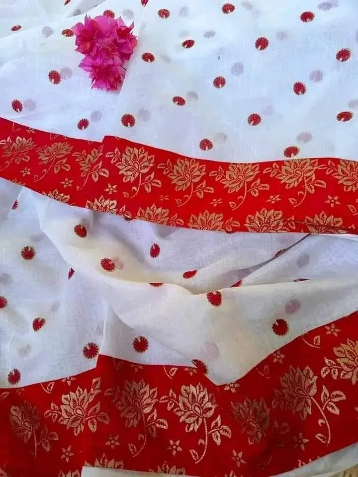 Women's White and Red Half Silk Saree for Pohela Boishakh