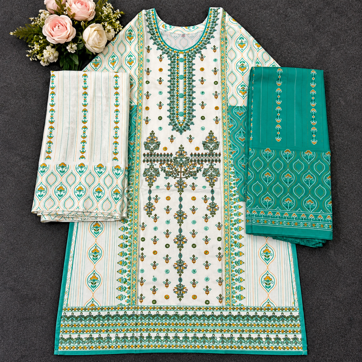 Premium Off-White and Sea-Green Cotton Three-Piece Set