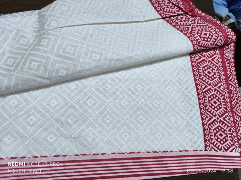 Pohela Boishakh Half Silk Saree with Red Border and Blouse Piece