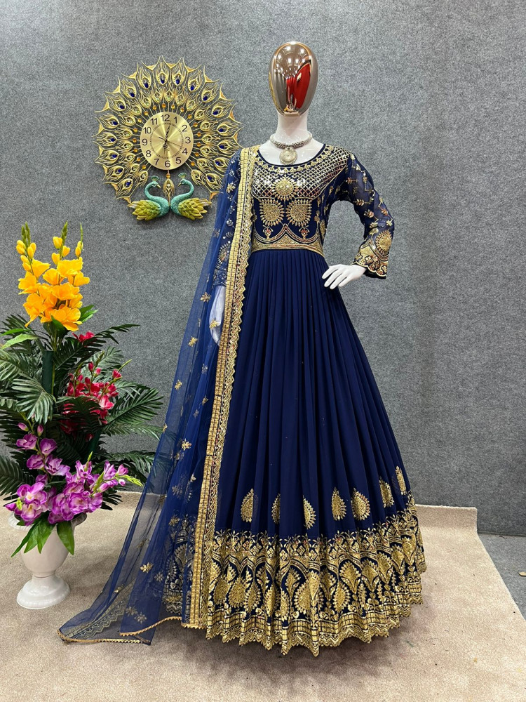 Women's Georgette Party Dress with Front and Back Embroidery, 56 Inch