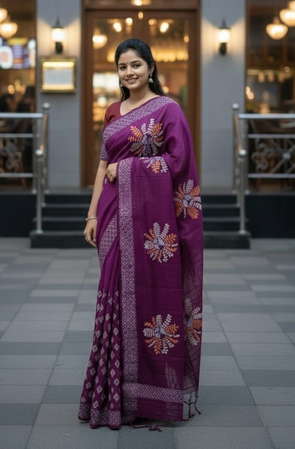 Half Silk Block Print Saree for Festivals, 6 Colours