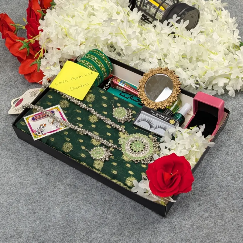 হাফ সিল্ক জামদানি শাড়ি কম্বো সেট - সবুজ