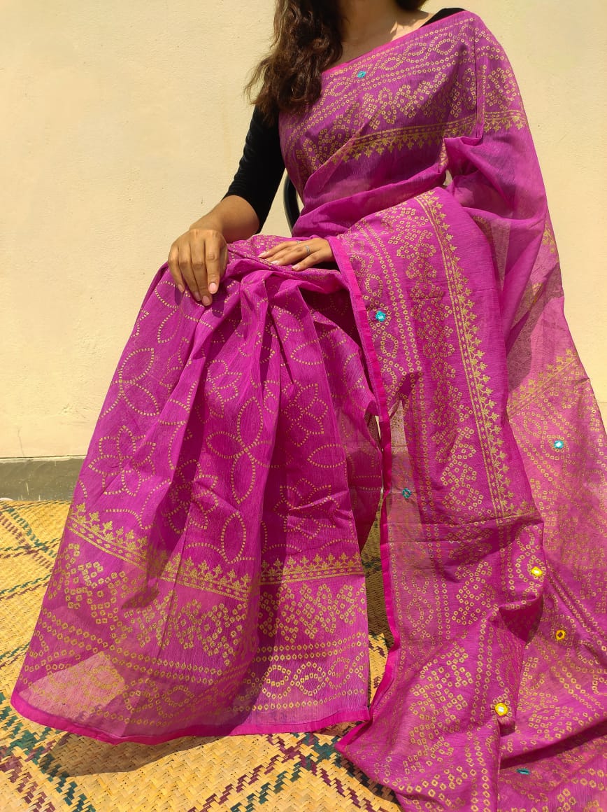 Resham Silk Chunri Block Print Saree with Dollar Work, 13 Haath