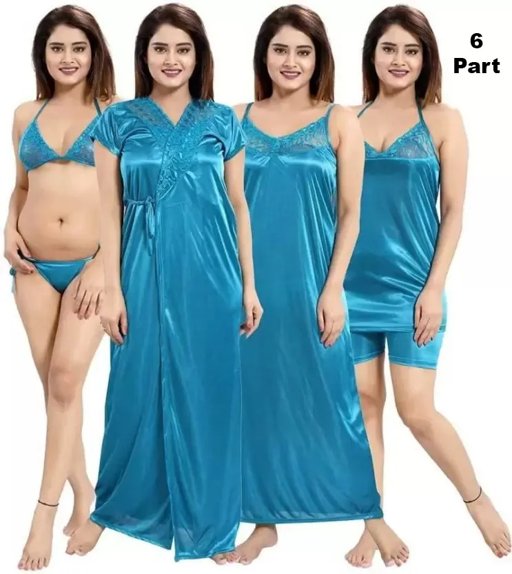 মহিলাদের সাটিন নাইট ড্রেস সেট লং নাইটি ও টপসহ