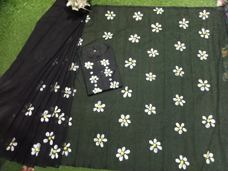 Hand Print Couple Set, Half Silk Dhupian Saree and Panjabi