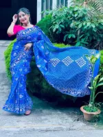 Half Silk Screen Print Saree with Hand Printed Design, 6 Colours