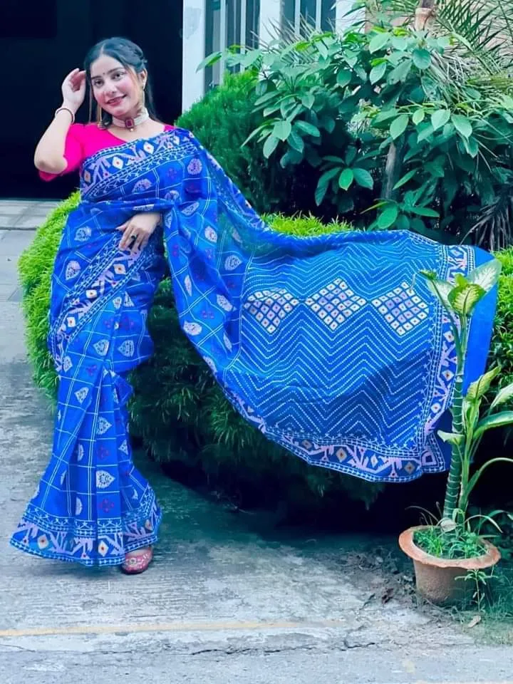 Half Silk Screen Print Saree with Hand Printed Design, 6 Colours