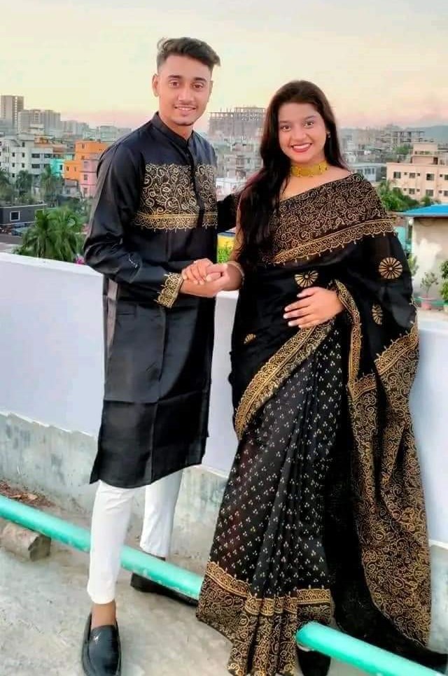 Block and Screen Print Couple Set, Saree and Panjabi, S to XL