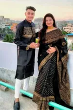 Block and Screen Print Couple Set, Saree and Panjabi, S to XL