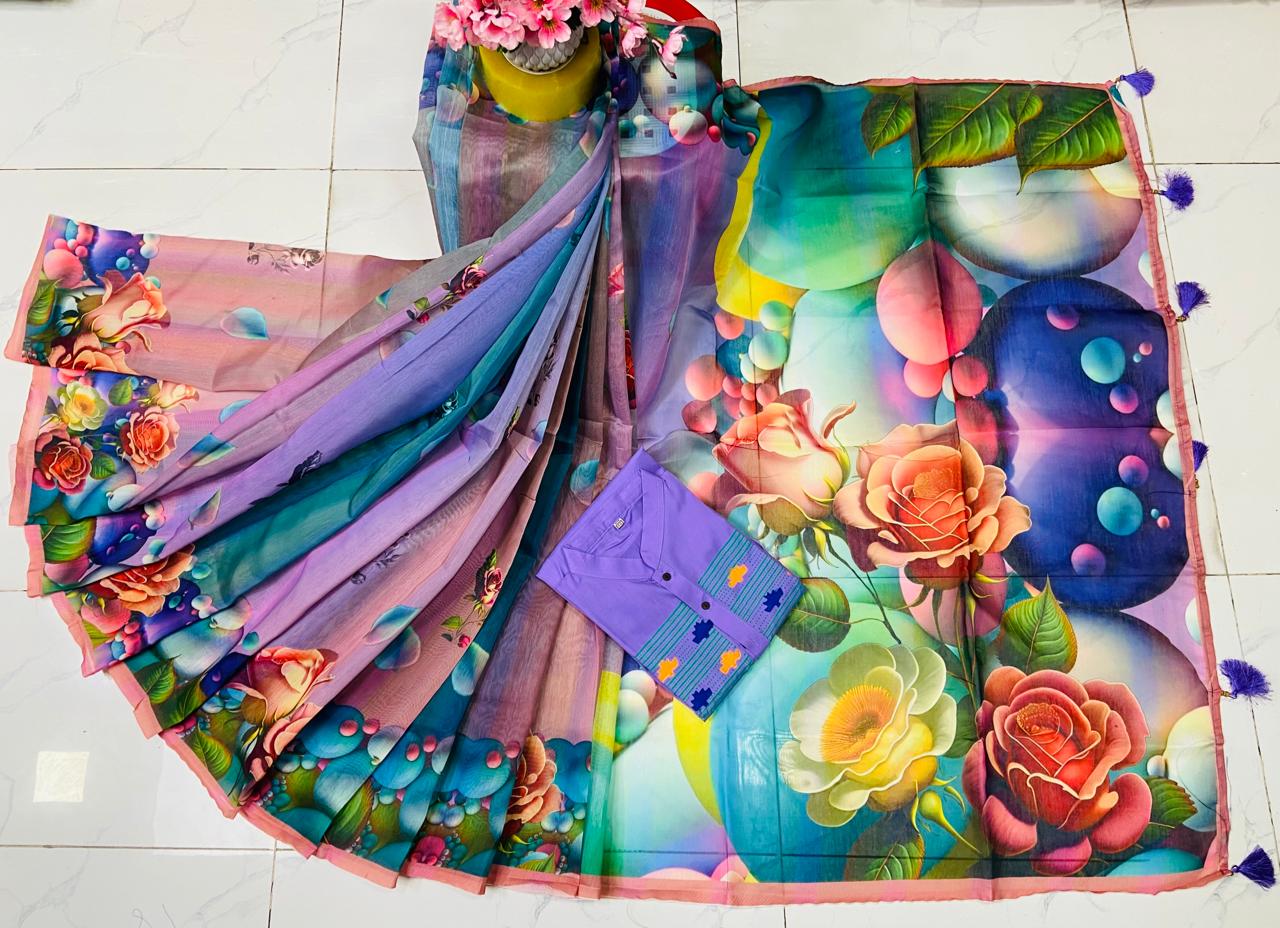 Digital Print Saree and Dhupian Panjabi Couple Set, 12 Haath