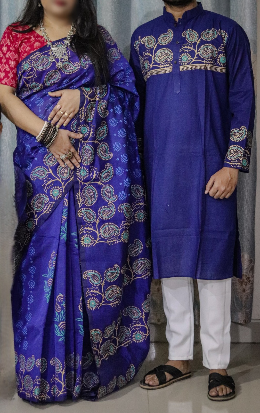 Couple Dhupian Silk Saree and Panjabi Set with Block Print
