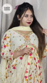 কারচুপির কাজ করা আলিয়া কাট লিনেন থ্রি পিস, 5 রং