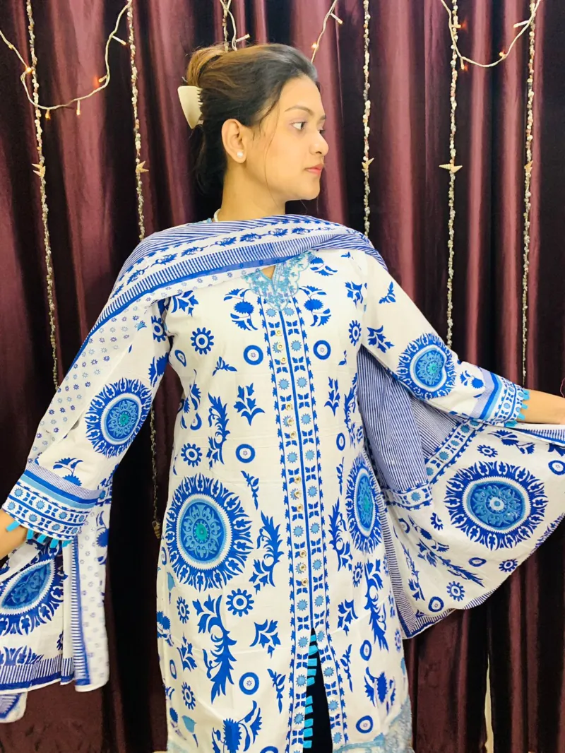 Cotton Skin Print Three Piece with Neck Embroidery, Body 42 and 44