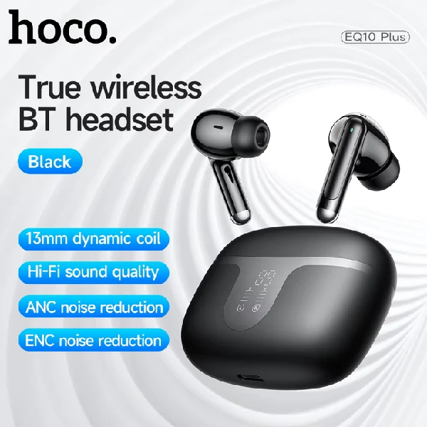 HOCO EQ10 Plus ANC ENC নয়েজ রিডাকশন ওয়্যারলেস BT 5.4 ইয়ারফোন এলইডি ডিসপ্লে চার্জিং বক্স HiFi অডিও স্টেরিও হেডসেট ডুয়াল কানেক্ট- ব্ল্যাক কালার