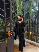 Black Georgette Sequin Three Piece with Tassels and Palazzo