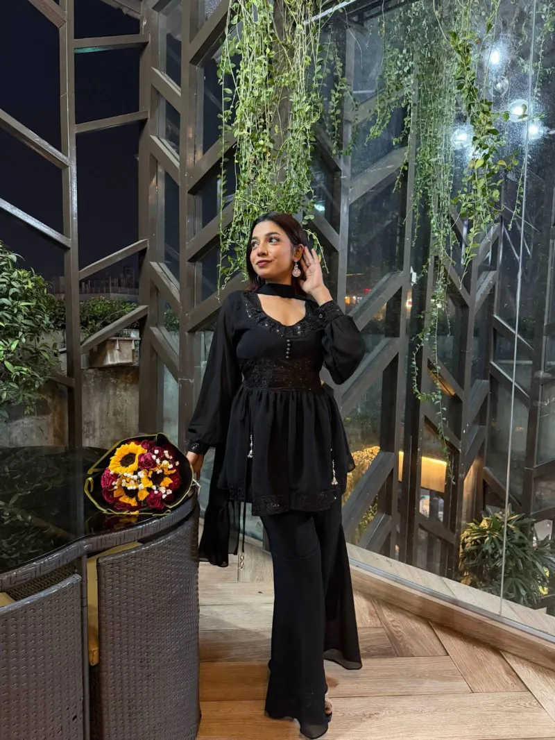 Black Georgette Sequin Three Piece with Tassels and Palazzo