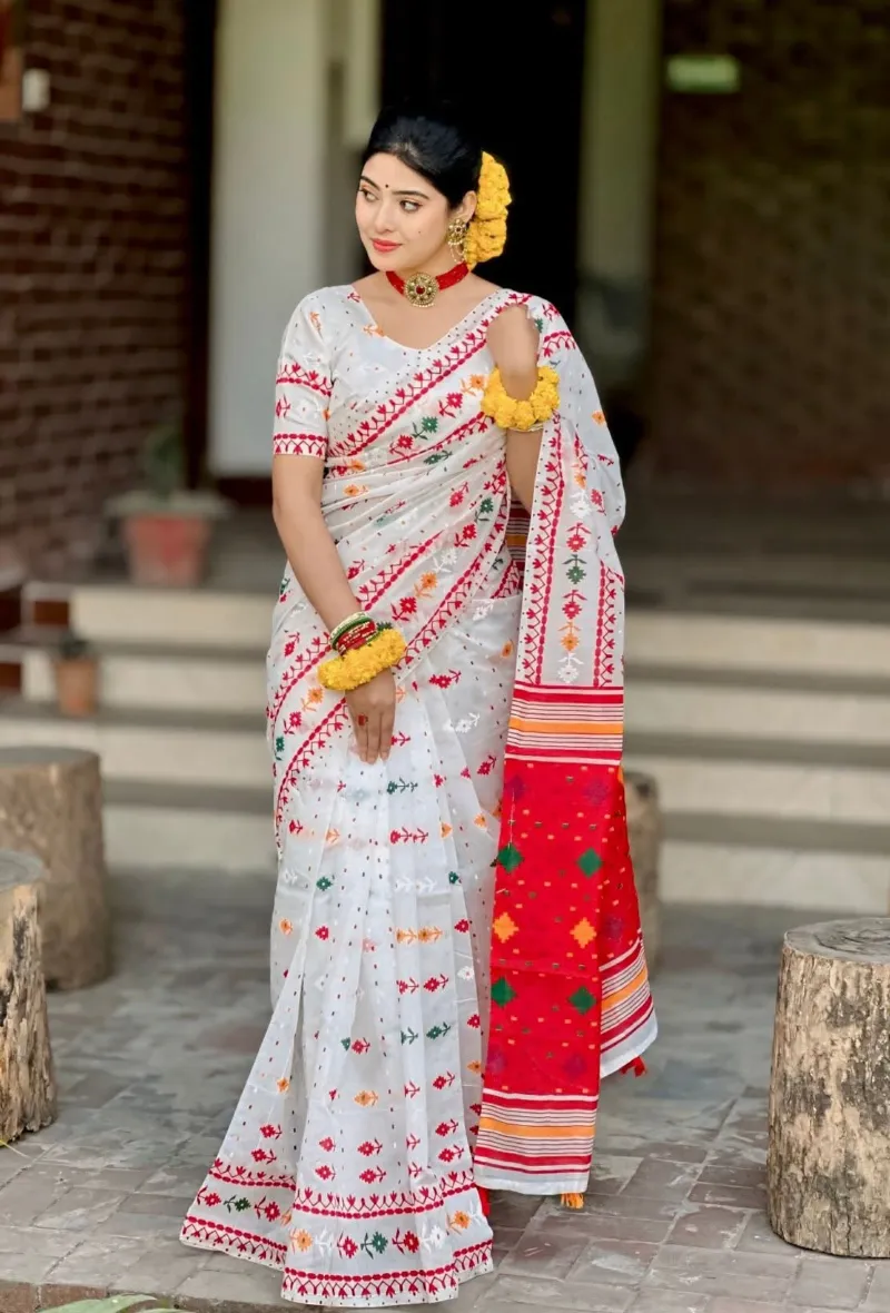 হাফ সিল্ক জামদানি ব্লক প্রিন্ট পূজা শাড়ি ব্লাউজ পিসসহ