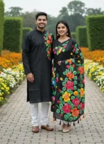 Matching Couple Set, Unstitched Voile Three Piece and Silk Panjabi