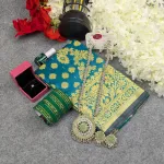 সিল্ক কাতান শাড়ি কম্বো সেট - ওশান গ্রিন