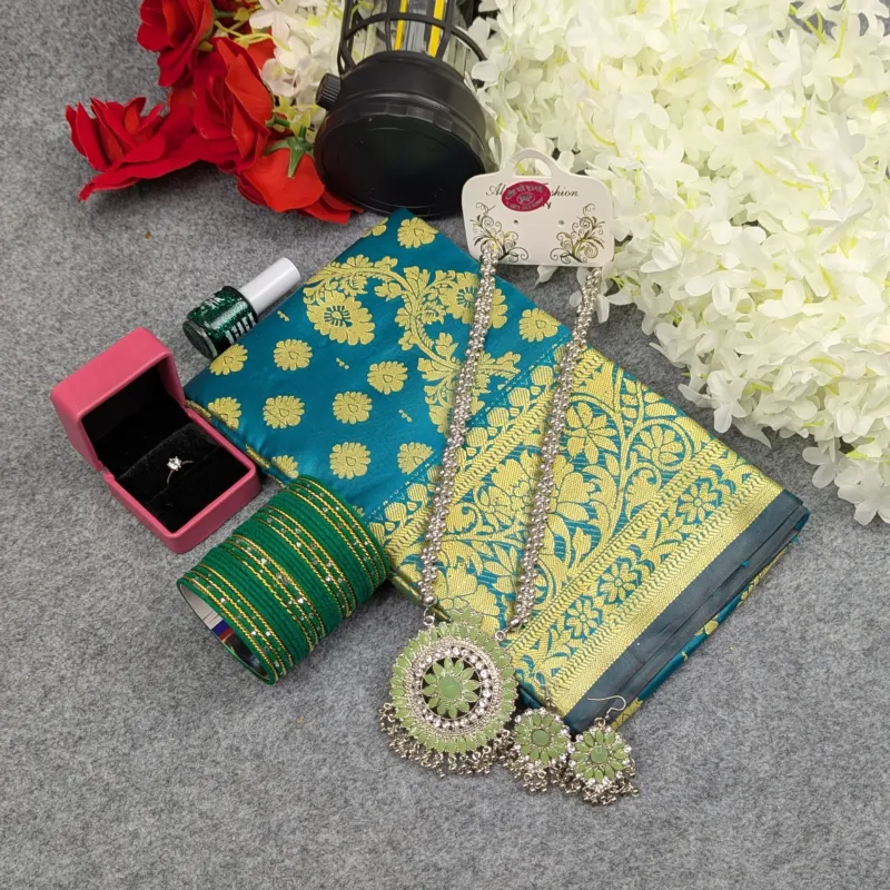 সিল্ক কাতান শাড়ি কম্বো সেট - ওশান গ্রিন