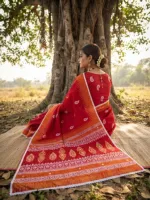 খাদি কটন ব্লক প্রিন্ট শাড়ি লেস পাড় ও ব্লাউজ পিসসহ