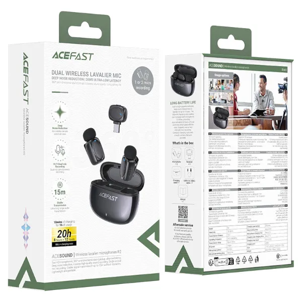 Acefast R2 ওয়্যারলেস ল্যাভালিয়ার মাইক্রোফোন – ডুয়াল মাইক