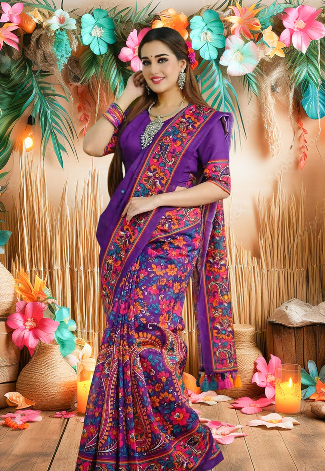 Digital Print Parsha Saree with Blouse Piece, 4 Colours