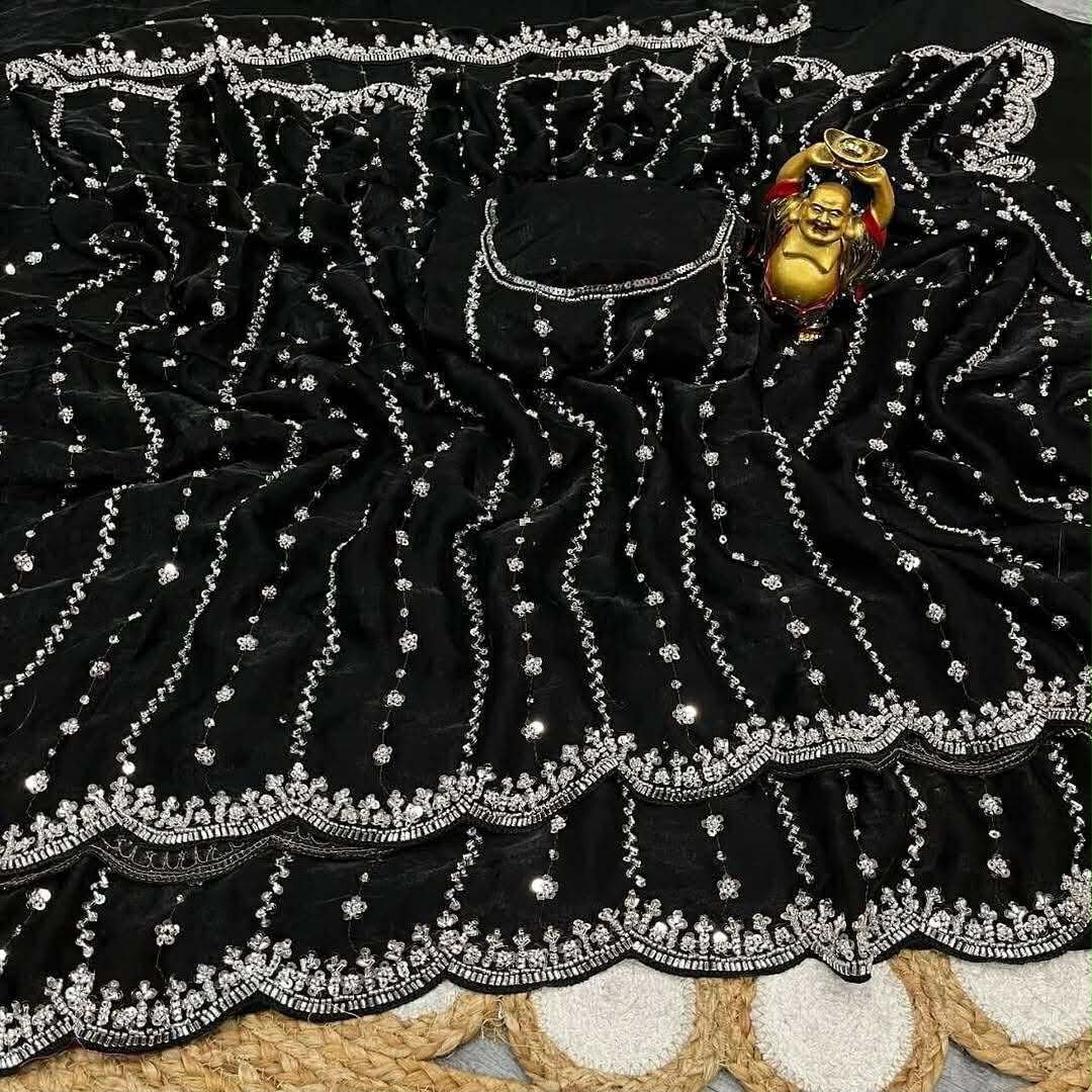Glossy Fabric Embroidered Saree with Sequin Work and Blouse Piece