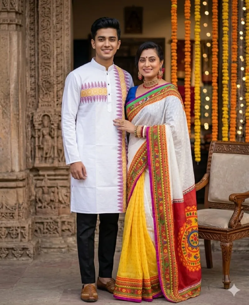 Matching Saree Panjabi Couple Set with Screen and Digital Print