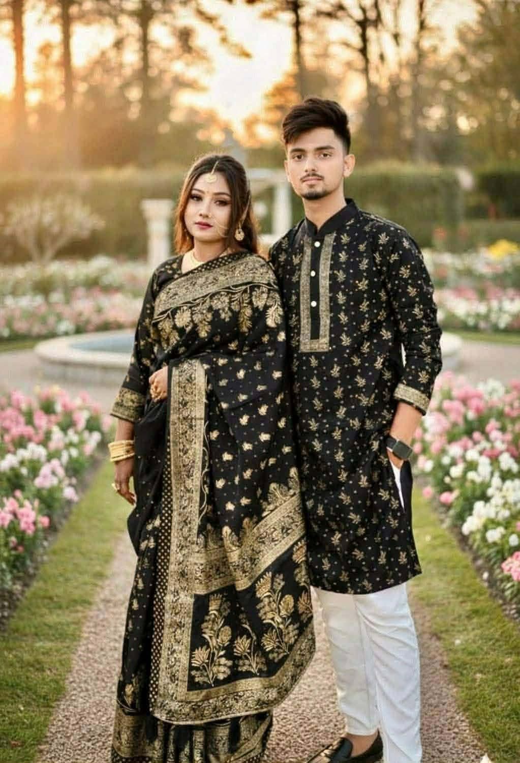 Screen Print Silk Saree and Block Print Panjabi Couple Set