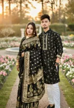 Screen Print Silk Saree and Block Print Panjabi Couple Set