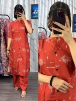 Ladies' Printed Cotton Kurti Two Piece with Free Size Waist Pant