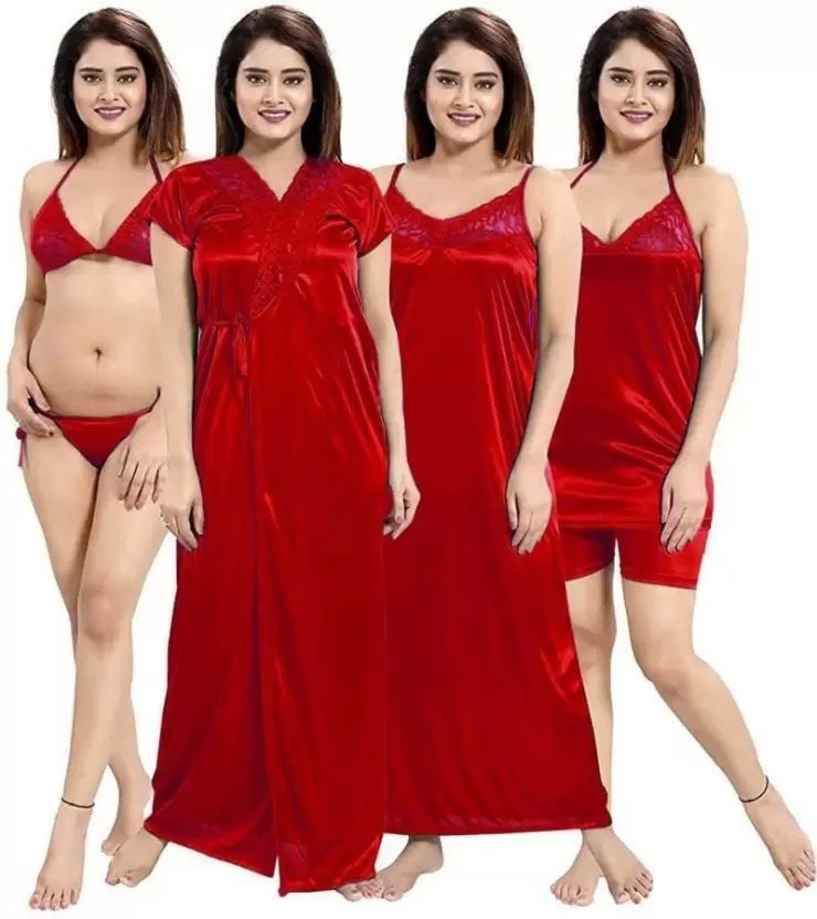 মহিলাদের সাটিন নাইট ড্রেস সেট লং নাইটি ও টপসহ