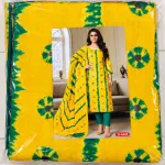 আনস্টিচড টাই-ডাই ও বাটিক প্রিন্টেড কটন থ্রি-পিস - ব্রাইট ইয়েলো ও গ্রিন