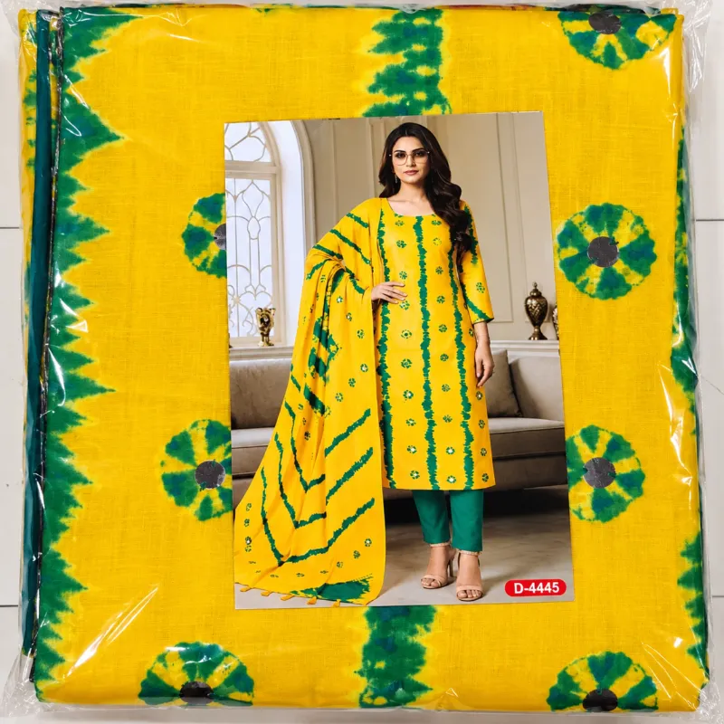 আনস্টিচড টাই-ডাই ও বাটিক প্রিন্টেড কটন থ্রি-পিস - ব্রাইট ইয়েলো ও গ্রিন
