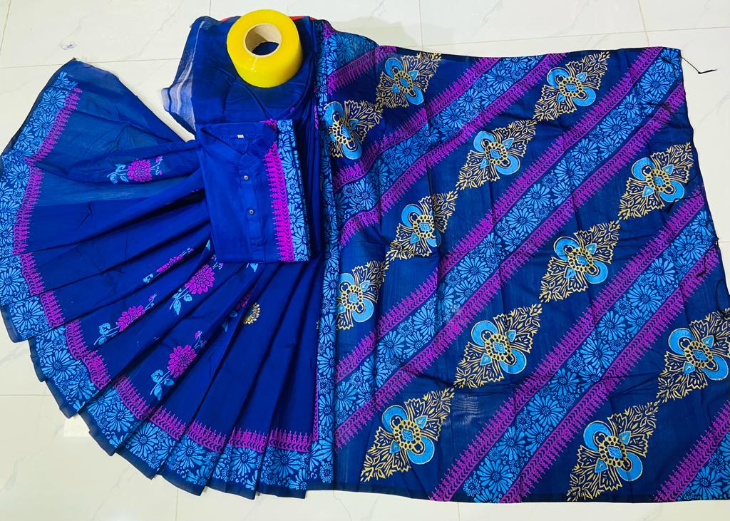 Couple Dress in Dhupian Silk with Block Print, Saree and Panjabi