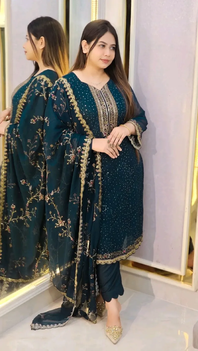 Faux Georgette Embroidered Four Piece Set with Micro Silk Salwar