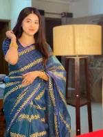 Block Print Semi Muslin Saree with Tassel Anchal, 14 Haath