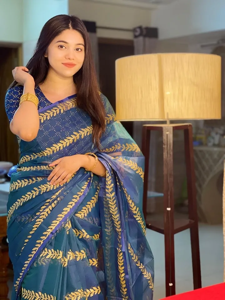 Block Print Semi Muslin Saree with Tassel Anchal, 14 Haath