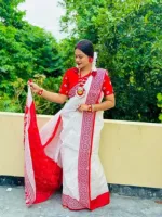 Pohela Boishakh Half Silk Saree with Red Border and Blouse Piece