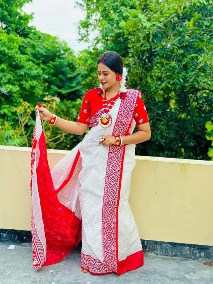 Pohela Boishakh Half Silk Saree with Red Border and Blouse Piece