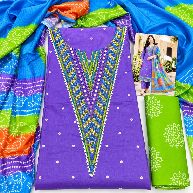 Charizma Boutique প্রিমিয়াম কটন প্রিন্টেড এমব্রয়ডারি আনস্টিচড থ্রি-পিস (রয়্যাল পার্পল)