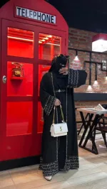 Women's Cherry Abaya with Koti, Hijab and Belt, Stone Work