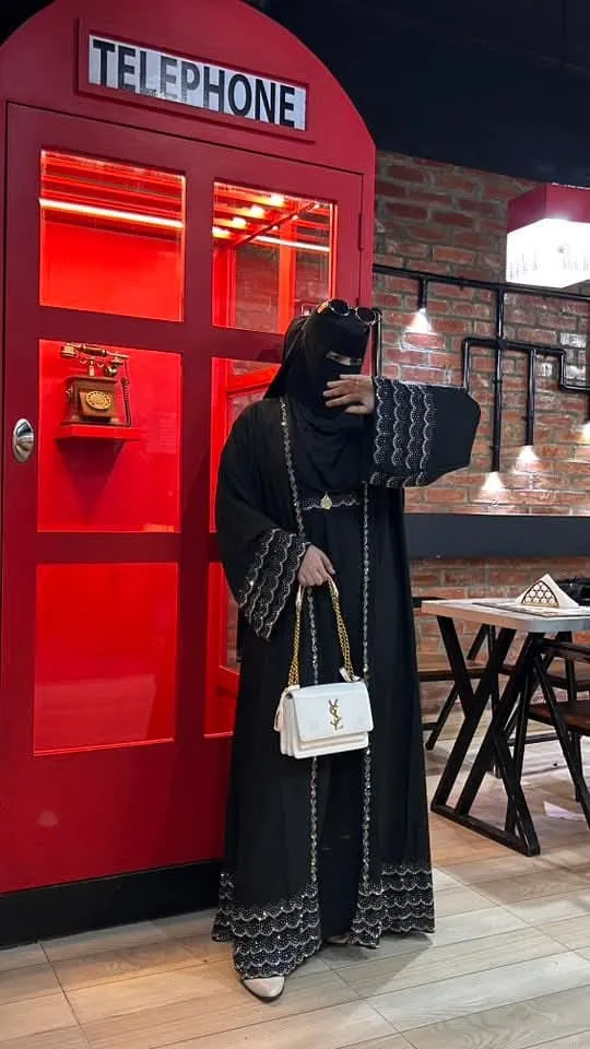 Women's Cherry Abaya with Koti, Hijab and Belt, Stone Work