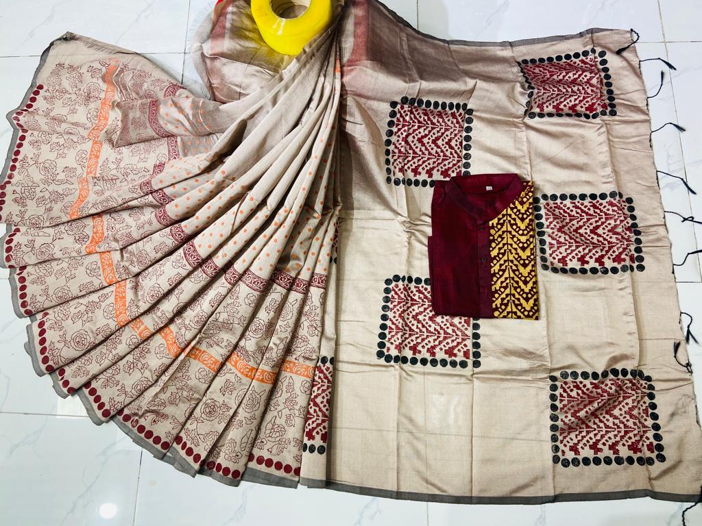 Couple Dress in Dhupian Silk with Block Print, Saree and Panjabi