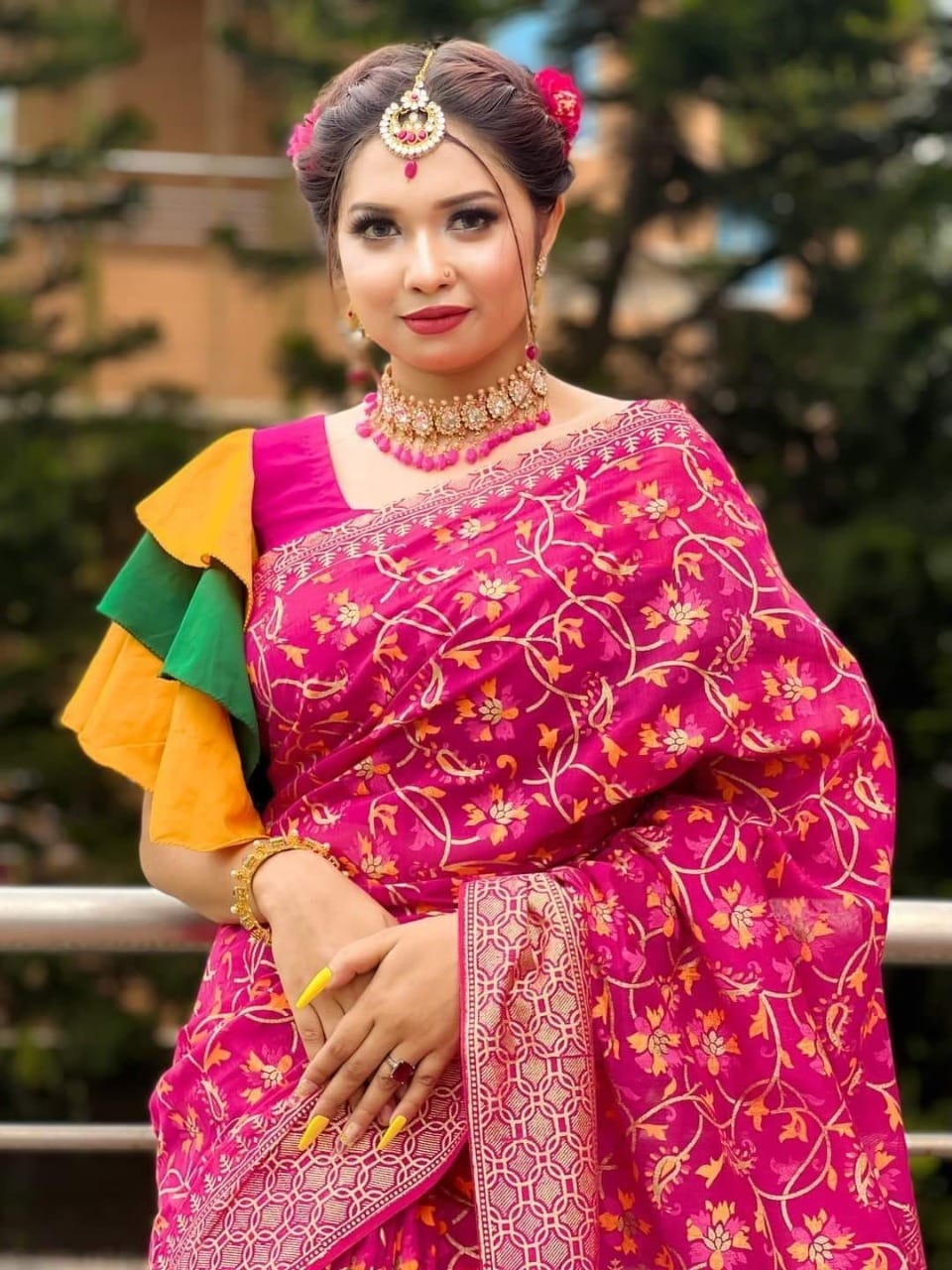 Hand Printed Half Silk Saree, Single Colour, 12 Haath