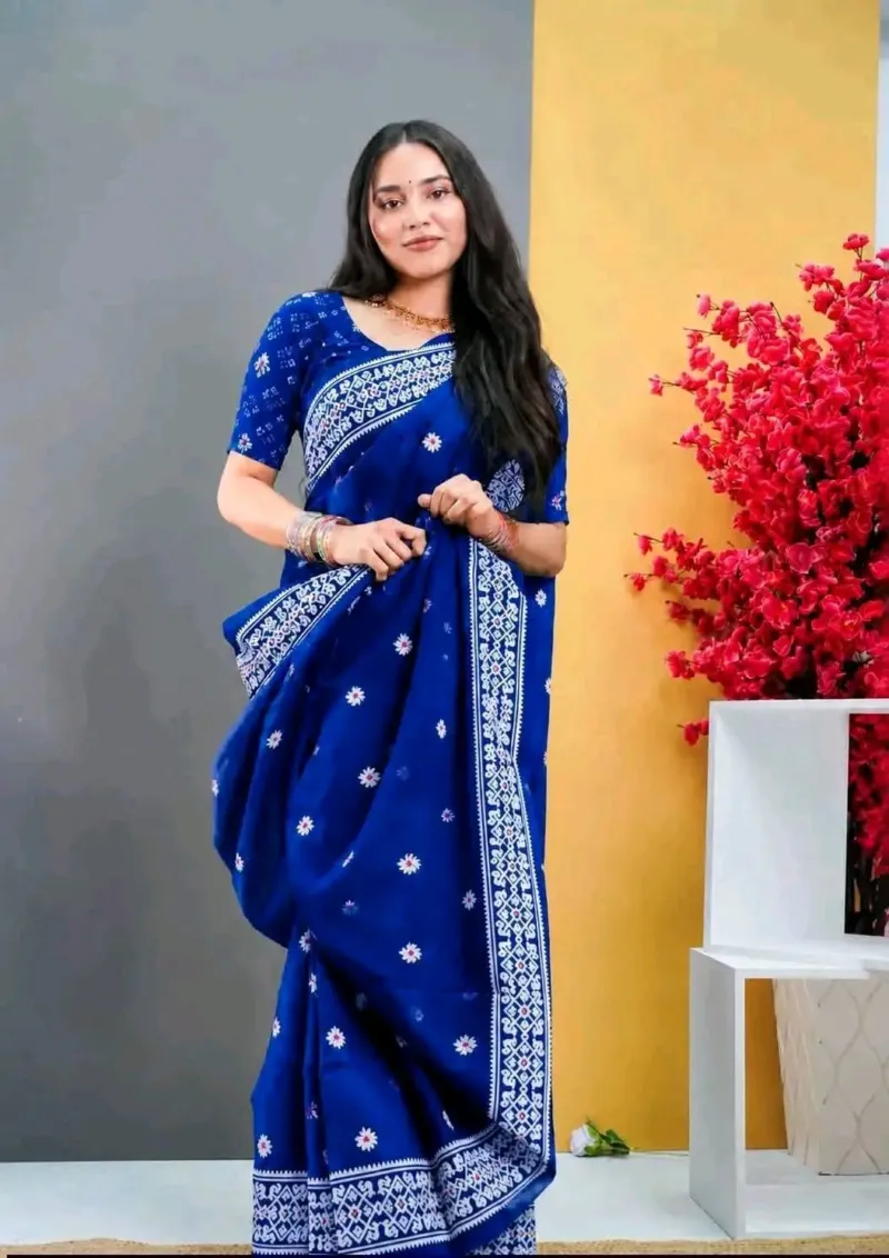 Half Silk Screen Print Saree with Jamdani Motifs, 6 Colours