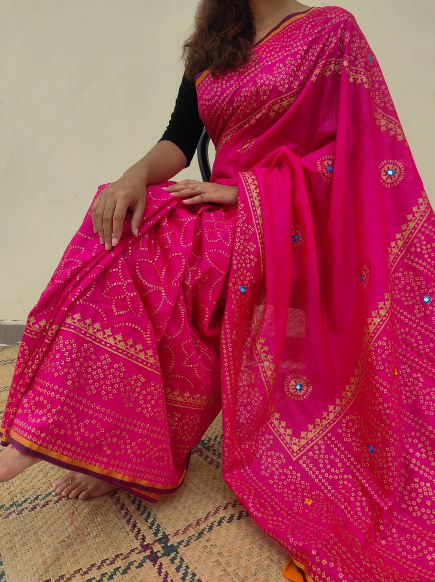 Resham Silk Chunri Block Print Saree with Dollar Work, 13 Haath